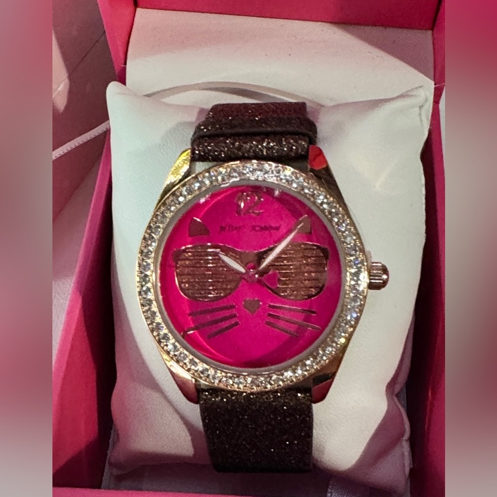 Betsey Johnson Cool Kitty Glitter Watch Pink